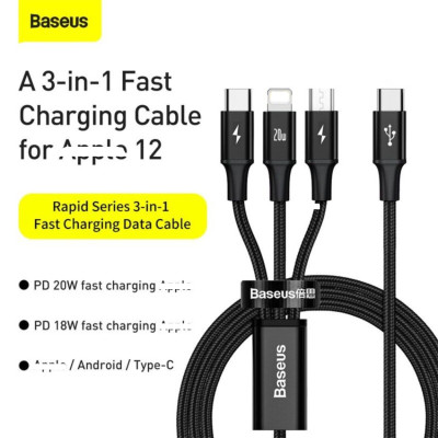 Cáp sạc Baseus Rapid Series Fast Charging & Data Cable 3-in-1 PD 20W CAMLT-SC01 - Hàng chính hãng