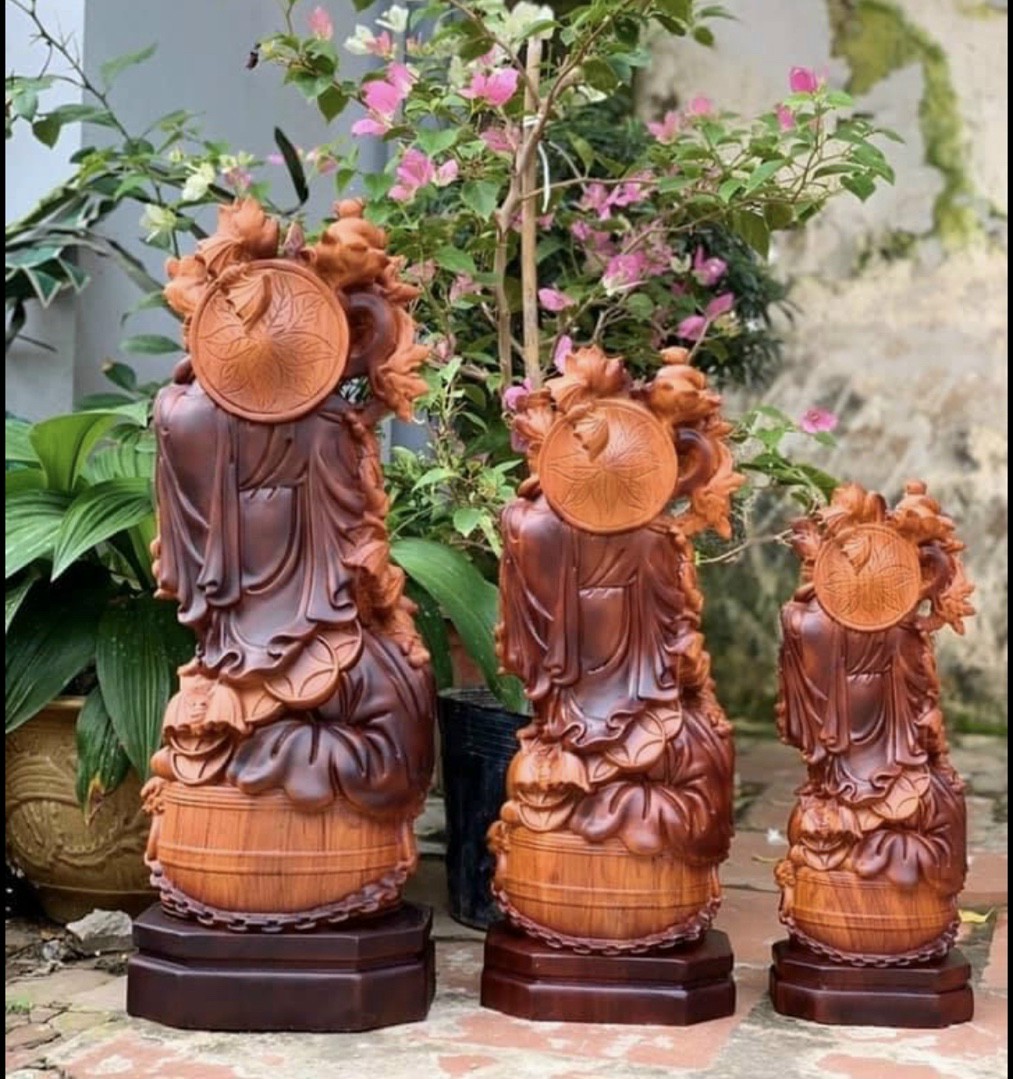 Tượng phật di lặc ngũ phúc bằng gỗ hương đá làm mầu giả cổ kt 40×15×11cm