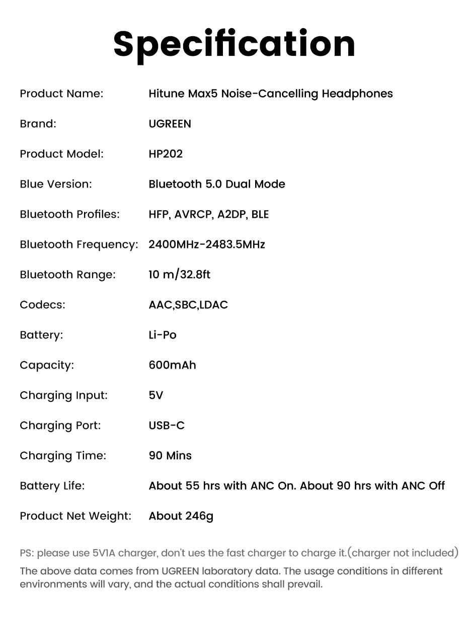Ugreen UG15809HP202TK HiRes DNN HiTune Max5 Hybrid Active Noise Cancelling tai nghe chụp OnEar bluetooth chống ồn màu trắng 43dB ANC pin 90h tặng cáp sạc type c và cáp 3.5mm - HÀNG CHÍNH HÃNG