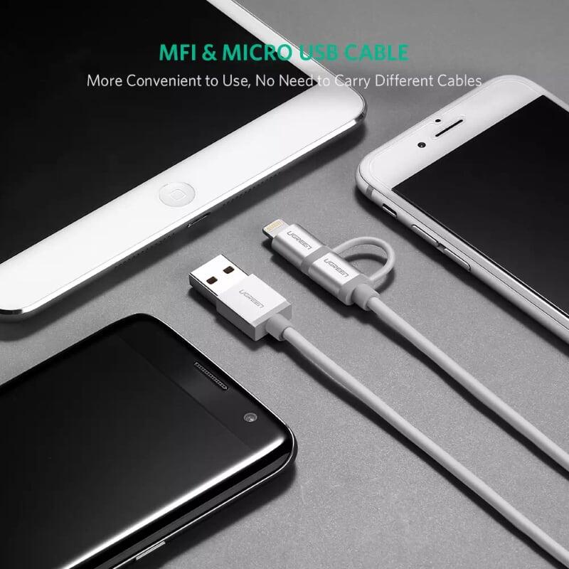 Ugreen UG30892US165TK 1M màu Đen Cáp sạc đa năng USB sang MicroUSB + Lightning - HÀNG CHÍNH HÃNG