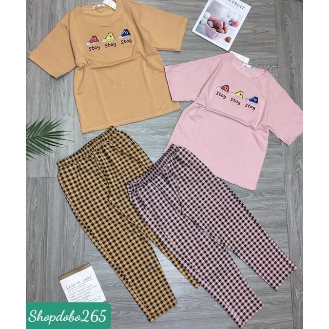 Đồ bộ nữ,đồ ngủ mặc nhà lửng áo thun cotton phối quần kaki họa tiết dễ thương.