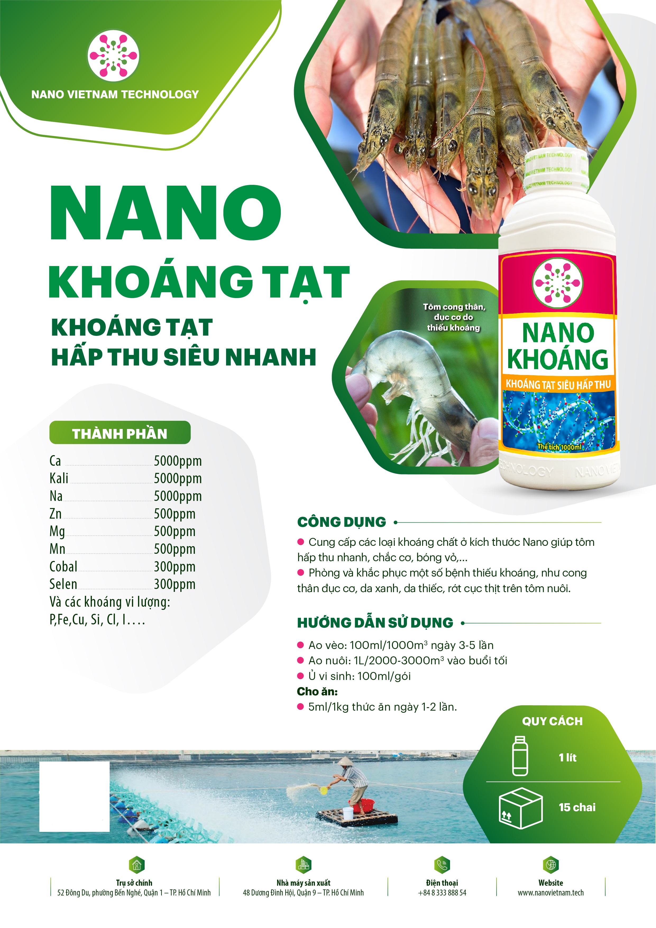 Nano Khoáng tạt Vietnam Tech Bổ sung Khoáng chất cần thiết cho tôm, cá, thủy sản, Giúp chắc cơ, cứng vỏ, ngăn ngừa da xanh, da thiếc trên tôm nuôi 1000ml