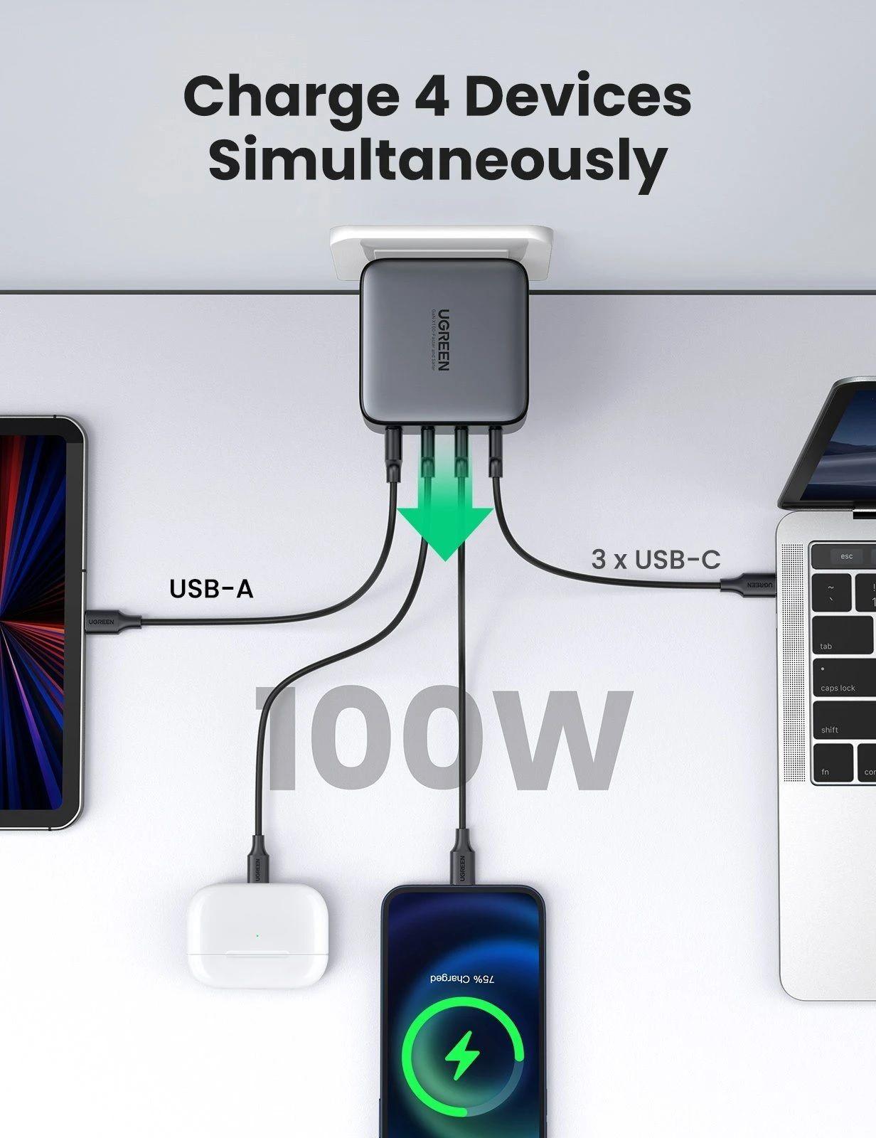 Ugreen UG40747CD226TK 100W EU PD3.0 GaN màu đen 3C + 1A sạc siêu nhanh 4 cổng 3 x usb type C và 1 x A chân cắm tròn - HÀNG CHÍNH HÃNG