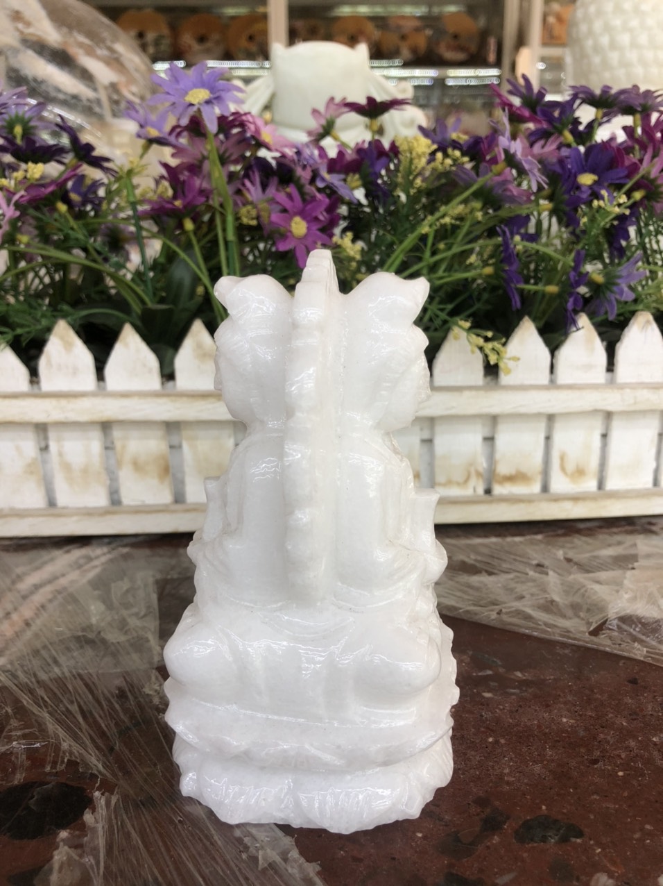 Tượng Phật Bà Quan Âm 2 mặt ngồi đài sen có hào quang đá trắng - Cao 12 cm và 15 cm