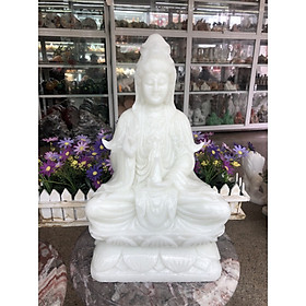 Tượng Phật Bà Quan Thế Âm Bồ Tát ngồi đài sen cầu bình an đá cẩm thạch trắng - Cao 41 cm