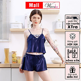 Đồ bộ mặc nhà lụa cao cấp WANNABE BSS62 đồ bộ quần sọt áo hai dây cổ áo phối ren thêu Nhật hình tam giác nhẹ nhàng