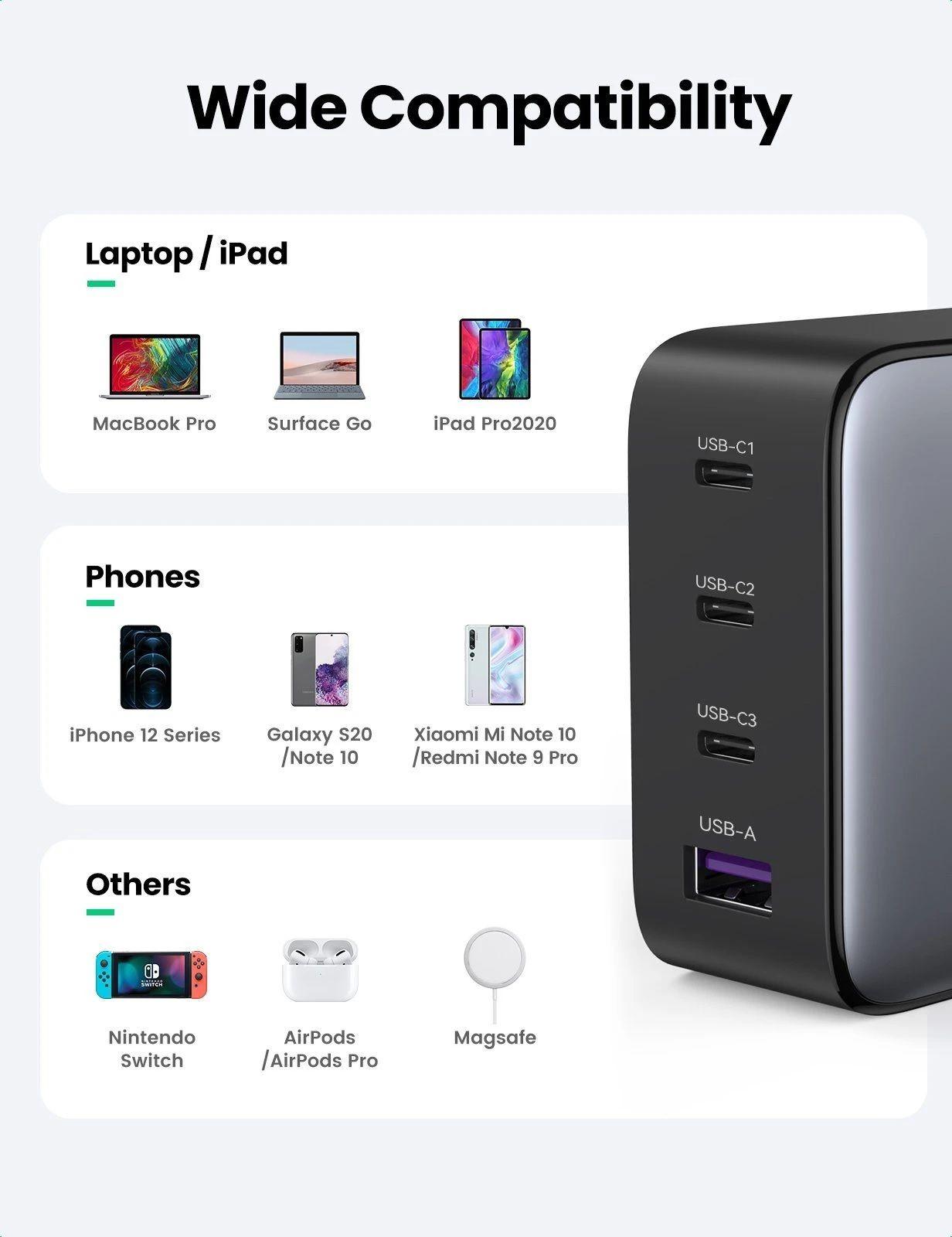 Ugreen UG40747CD226TK 100W EU PD3.0 GaN màu đen 3C + 1A sạc siêu nhanh 4 cổng 3 x usb type C và 1 x A chân cắm tròn - HÀNG CHÍNH HÃNG