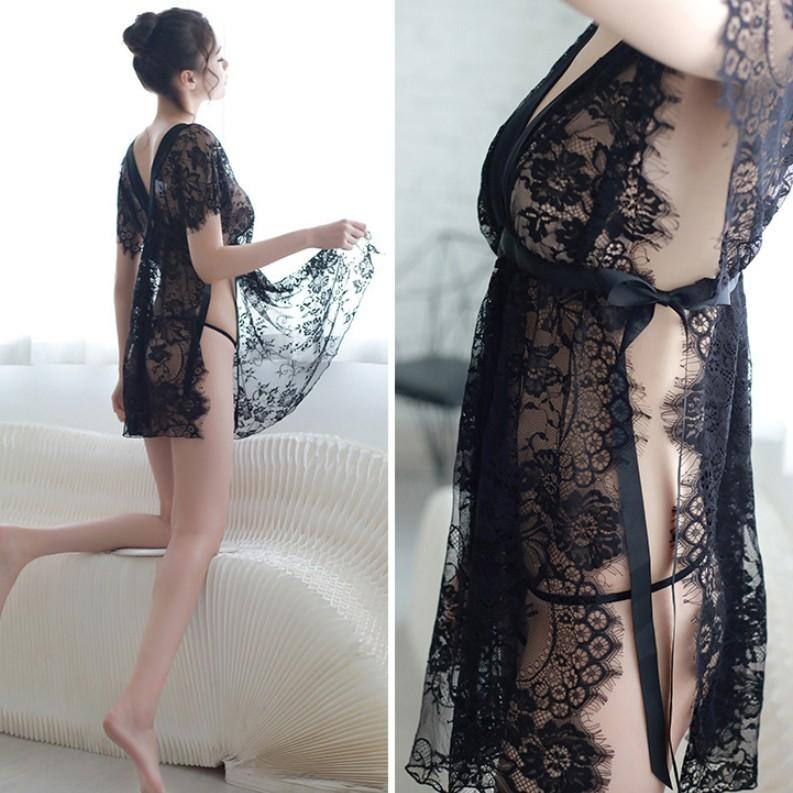 Váy ngủ 2 dây lụa mặc nhà nữ liền thân xẻ 1 bên cao cấp gợi cảm 1 màu đen