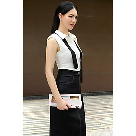 Dylis Shirt Áo sơ mi vai rộng, không tay, nẹp Y, cổ có chân, nẹp bẻ cách điệu, ôm eo