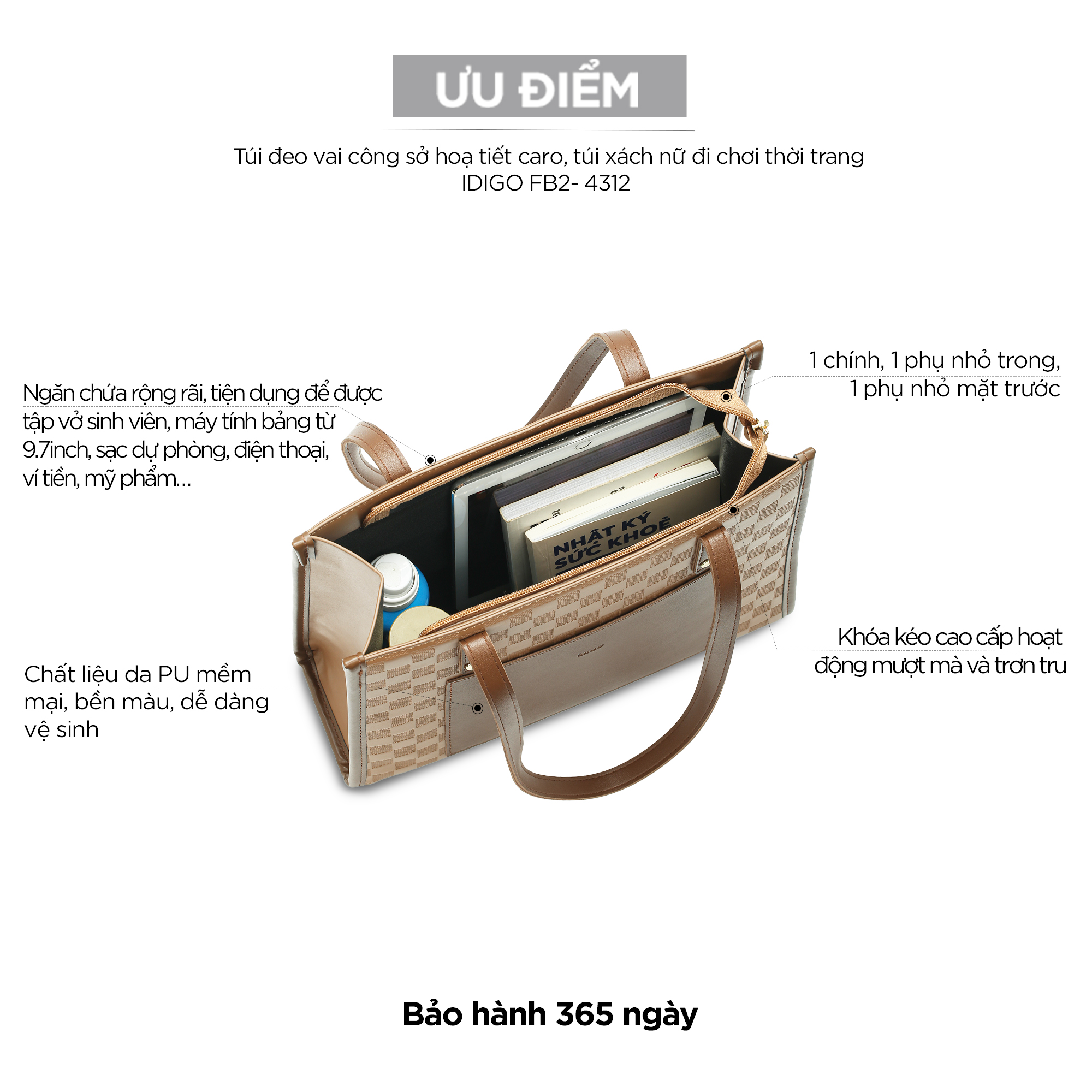 Túi xách nữ đeo vai đi chơi thời trang IDIGO FB2 - 4312, túi công sở đựng tài liệu phong đứng cứng cáp