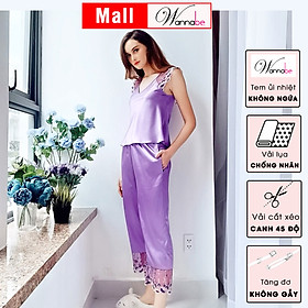 Đồ bộ mặc nhà phi lụa WANNABE BDS06 đồ bộ quần dài tay áo phối ren hoa nhẹ nhàng quý phái