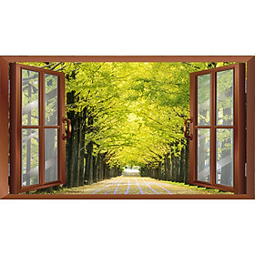 TRANH CỬA SỔ PVP-CS05 Tranh dán tường 3d cửa sổ mở ra lối đi, hàng cây xanh ,Tranh dán tường có sẵn keo,tạo cảm giác gần gũi thiên nhiên.