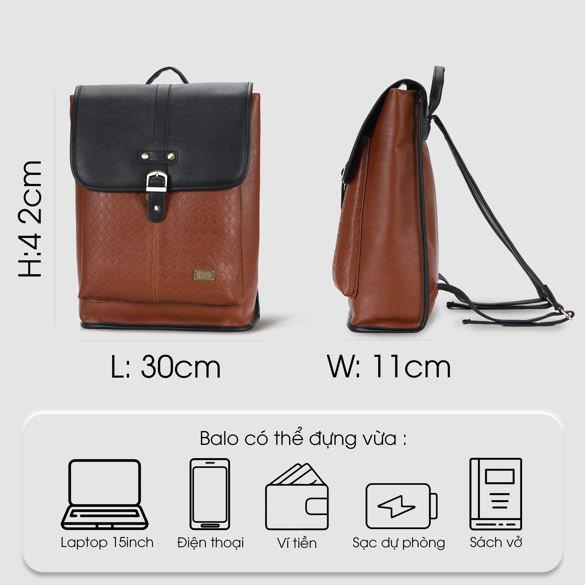Balo đựng laptop 15 inch họa tiết dập nổi, ba lô da nam nữ đựng tài liệu A4 IDIGO UBP2 - 6029