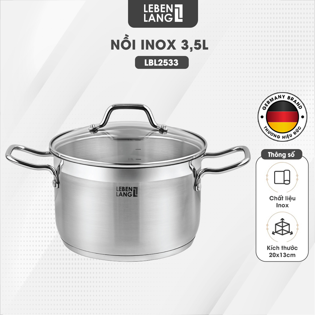 Nồi inox 304 vung kính đáy 3 lớp Lebenlang LBL2533 và LBL2534, size 20, 24cm, dùng cho mọi loại bếp - hàng chính hãng
