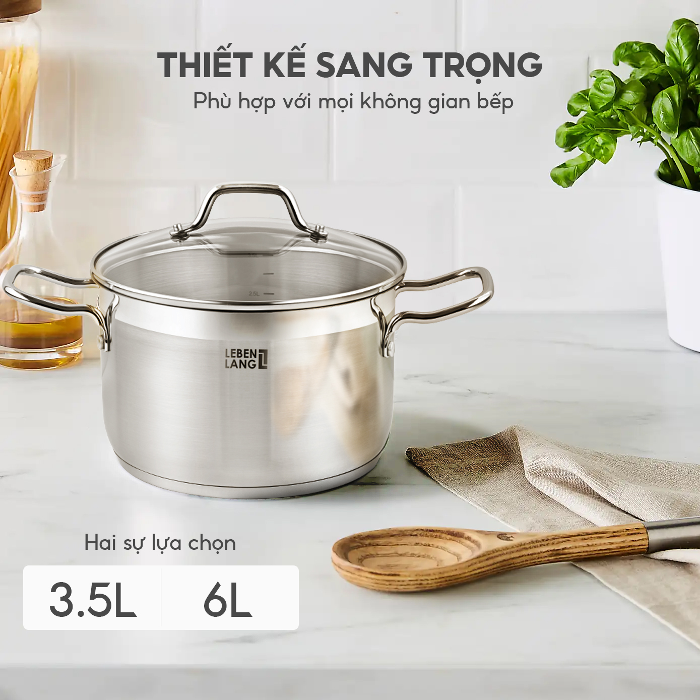 Nồi inox 304 vung kính đáy 3 lớp Lebenlang LBL2533 và LBL2534, size 20, 24cm, dùng cho mọi loại bếp - hàng chính hãng