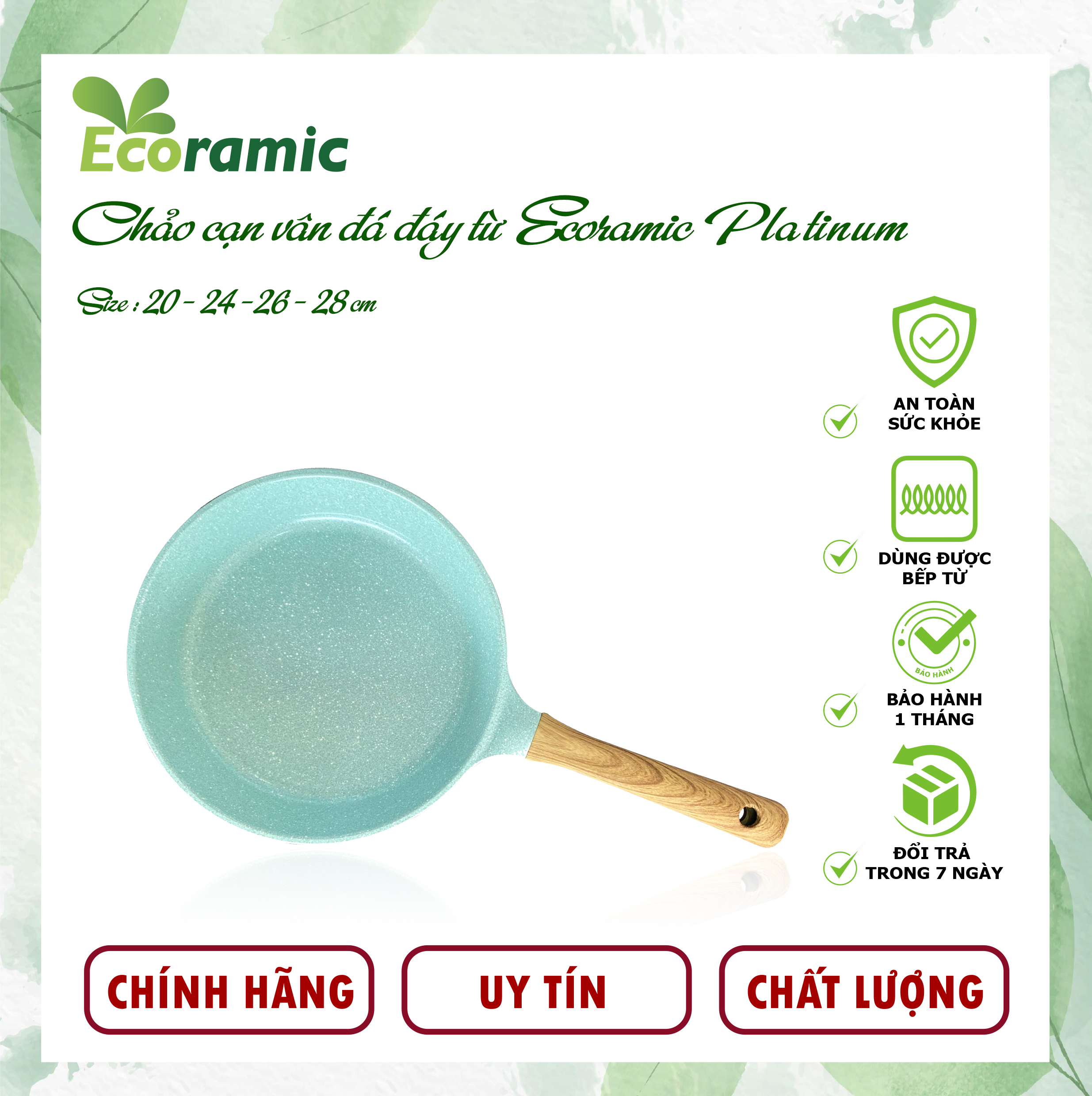 Chảo Chống Dính Ecoramic Platinum Vân Đá Đáy Từ Chính Hãng Cao Cấp, Siêu Bền, Bảo hành sản phẩm 2 tháng