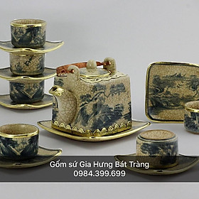 Bộ ấm chén men rạn bọc đồng gốm  Bát Tràng