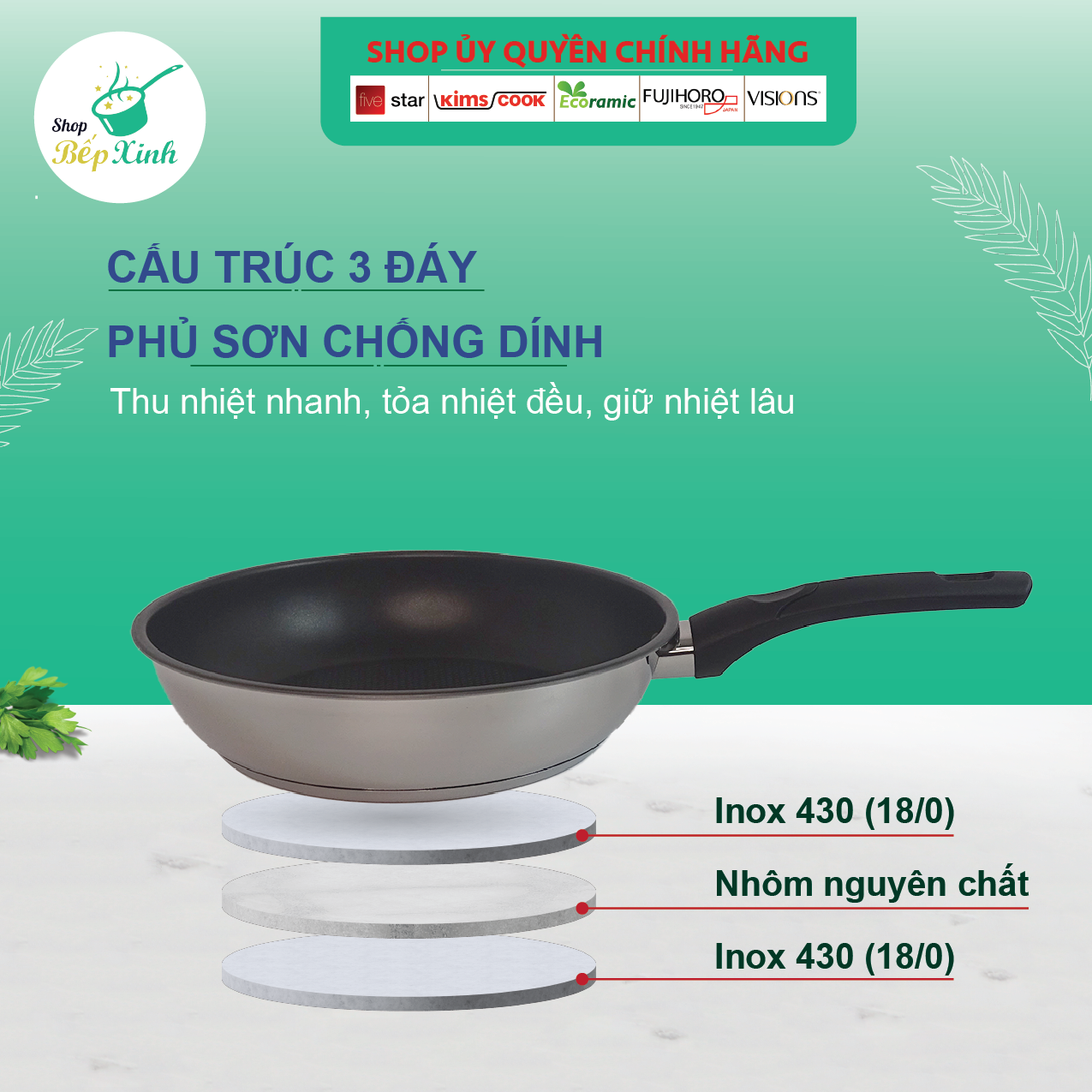 Chảo Chống Dính Bếp Từ 3 Đáy Fivestar (26 cm) + Tặng 5 Muỗng Inox Cao Cấp
