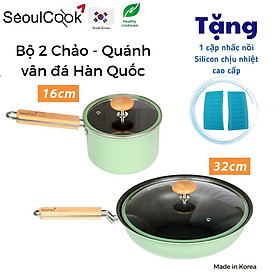 Tặng cặp nhấc nồi silicon-Bộ nồi chảo chống dính 2 món đáy từ, quánh 16cm + chảo sâu lòng 32cm cao cấp Hàn Quốc, chống dính vân đá an toàn cho sức khỏe, dùng được tất cả các loại bếp/ Induction 