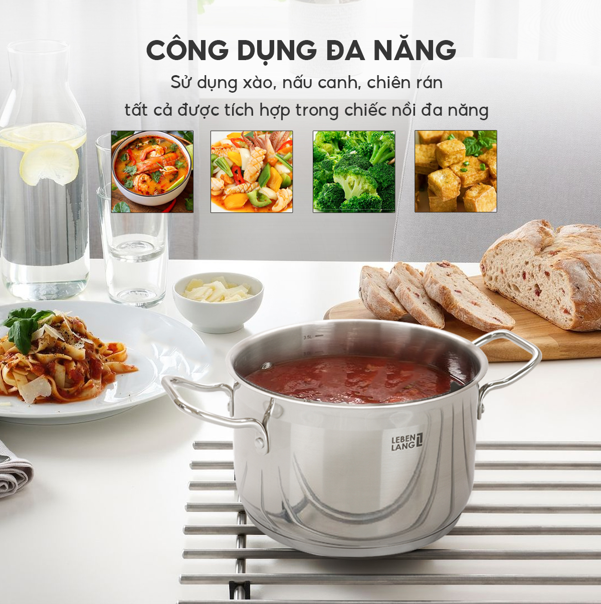 Nồi inox 304 vung kính đáy 3 lớp Lebenlang LBL2533 và LBL2534, size 20, 24cm, dùng cho mọi loại bếp - hàng chính hãng
