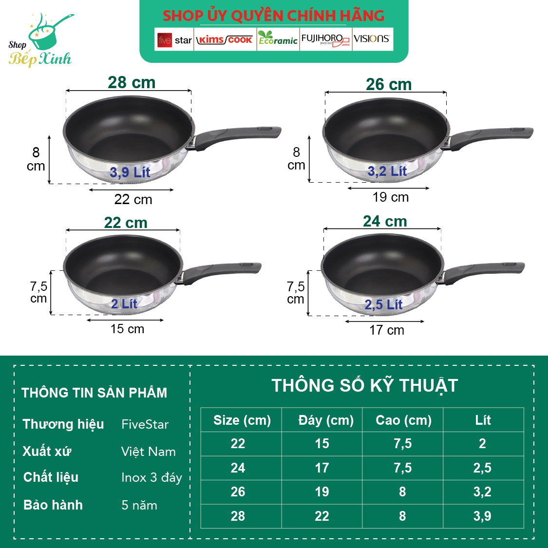 Chảo inox chống dính sâu lòng có nắp kính cao cấp Fivestar 24cm , 26cm , tặng 1 sạn dừa , tay cầm cách nhiệt