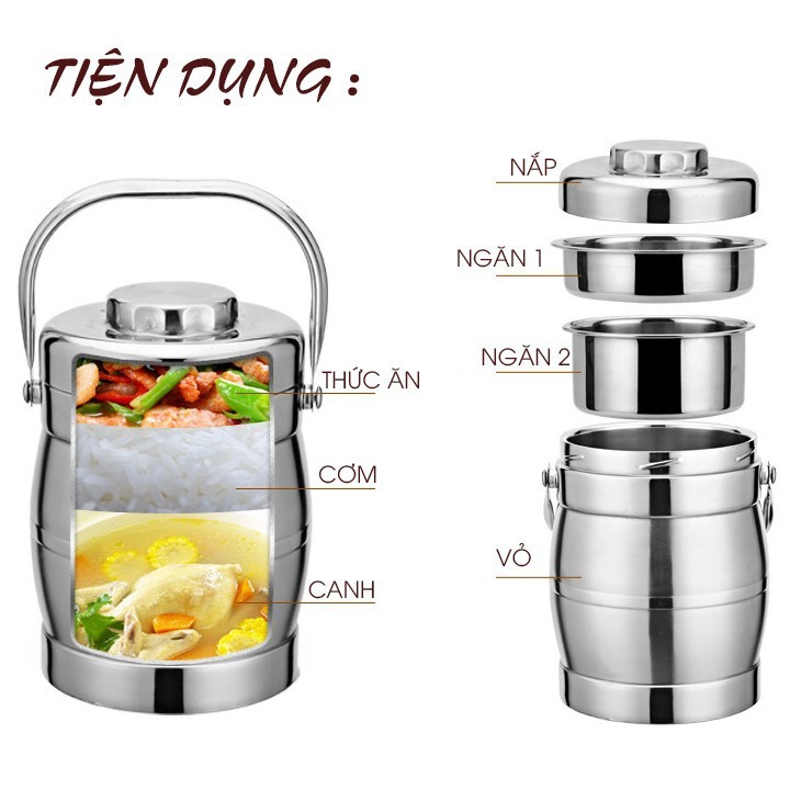 Cặp Lồng Inox 3 Tầng 1.4 - 2 Lít -Cặp Lồng Đựng Cơm Cháo Phở Giữ Nhiệt Cao Cấp - Cà Mên Inox - Hàng Loại 1 - Chính Hãng MINIIN