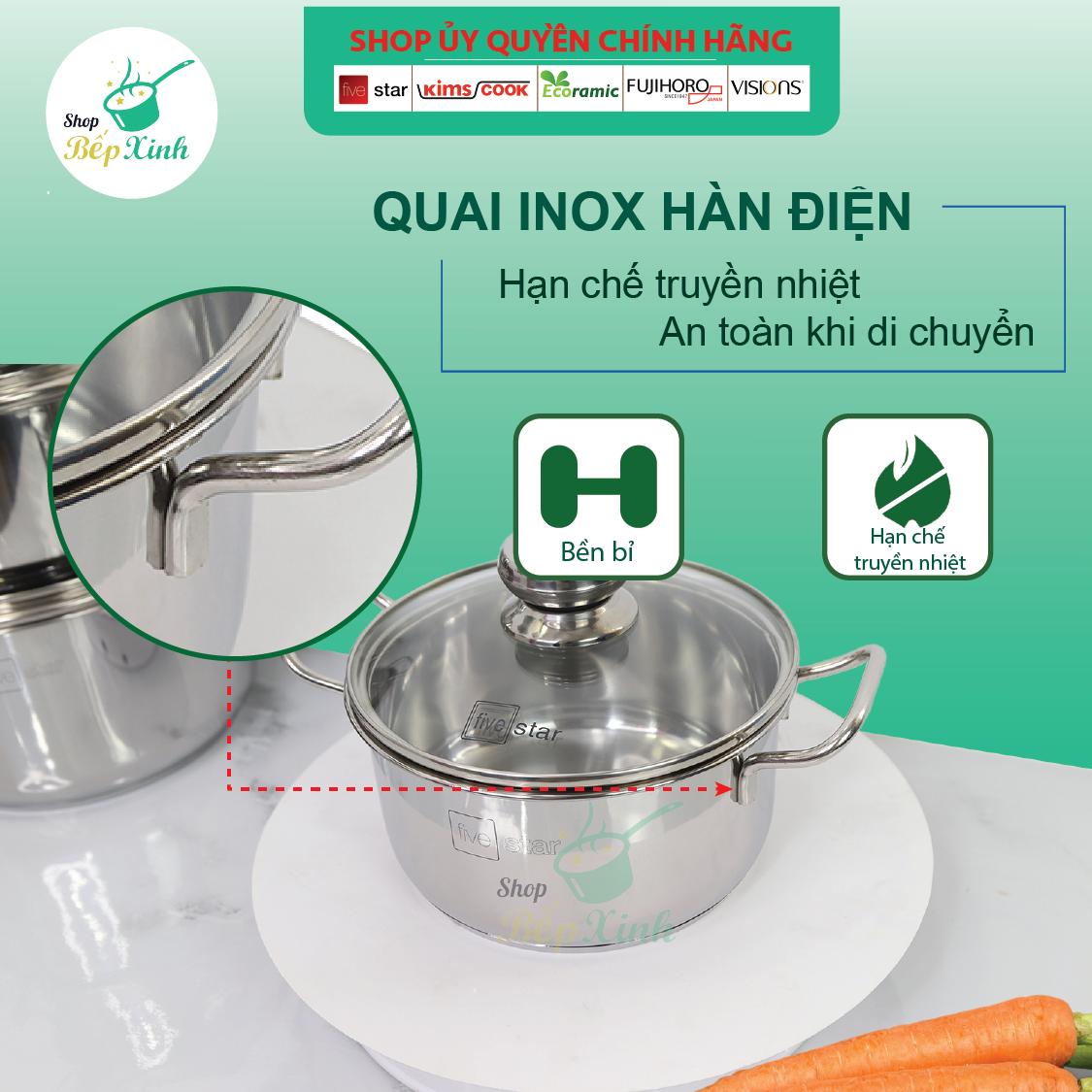 Bộ 4 Nồi Nắp Kiếng 3 Đáy FIVESTAR FS08CG - Hàng Chính Hãng