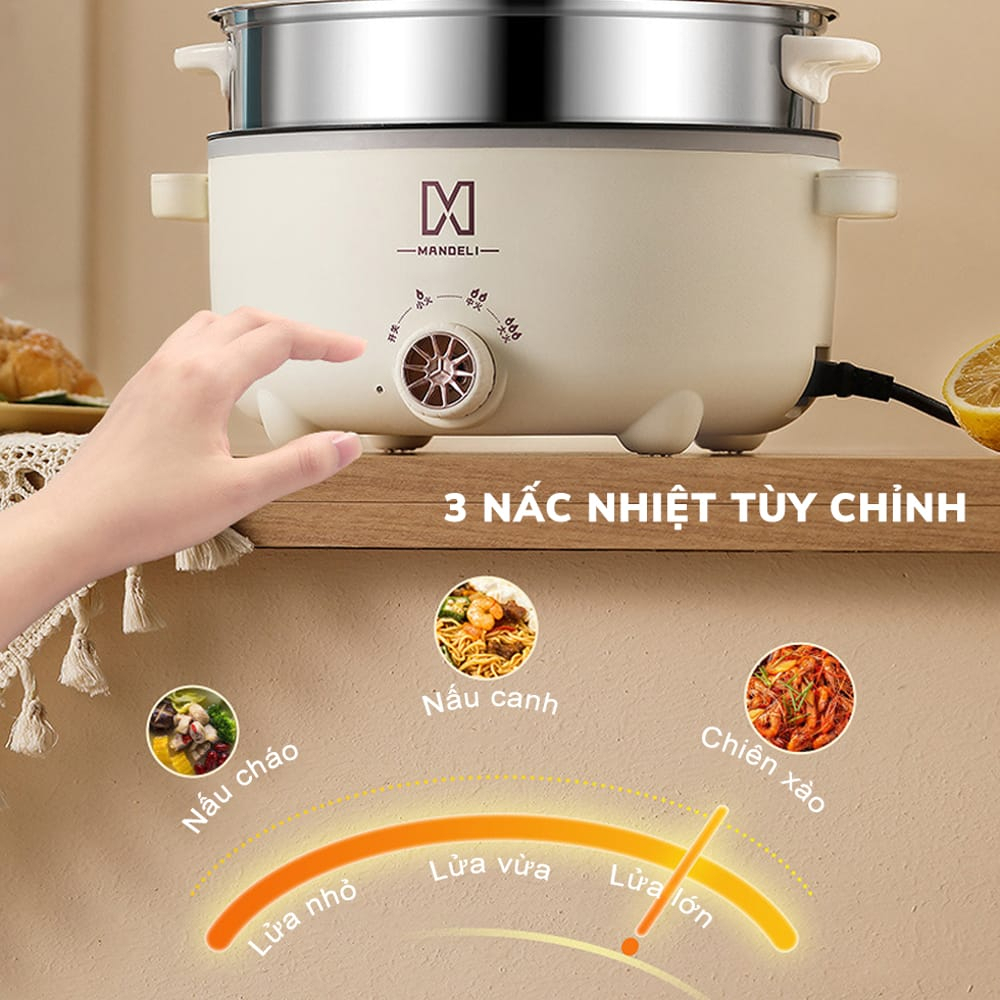 Nồi Lẩu Điện MANDELI Hiệu Suất Lớn 1000W Dung Tích 4L, Kèm Sửng Hấp Inox Lẩu, Chiên Dán Xào Đa Năng