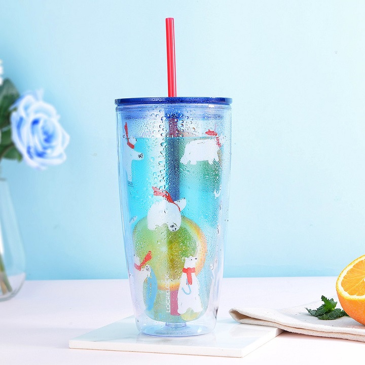 Ly nhựa 2 lớp Lock&Lock HAP507 750ml - Hàng chính hãng, có ống hút, có nắp đậy - Tặng kèm cọ rửa