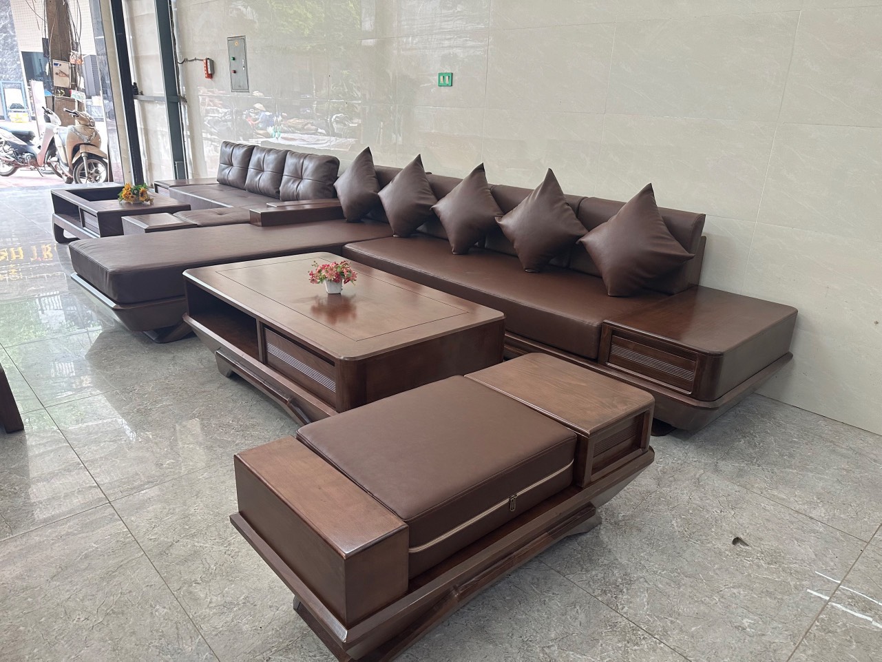 Bộ salon Gỗ Bích nệm da Juno Sofa 3m x 2m x 80 cm