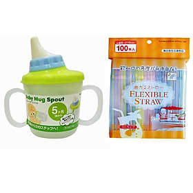 Combo 01 Cốc tập uống cho bé có núm Inomata 230ml + 01 Set ống hút đa sắc màu Seiwa Pro có thể tái sử dụng nhiều lần - Nội địa Nhật Bản