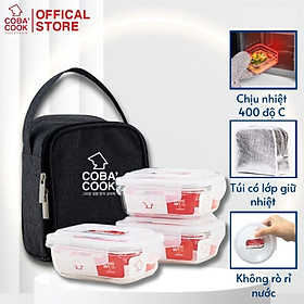 Bộ Hộp Đựng Cơm Thủy Tinh 3 Hộp Kèm Túi Vải Giữ Nhiệt