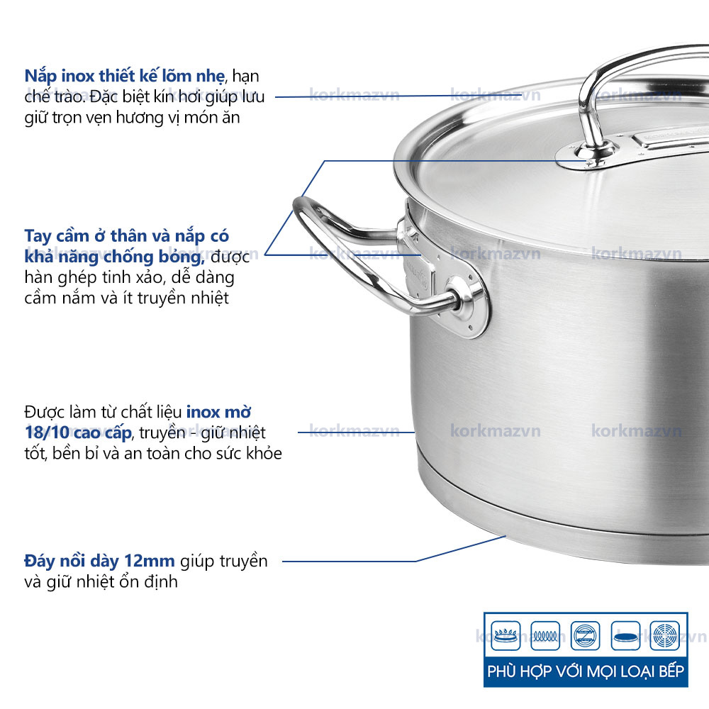 Nồi inox 18/10 thân cao Korkmaz Proline 5 lít - 20x16,5 cm