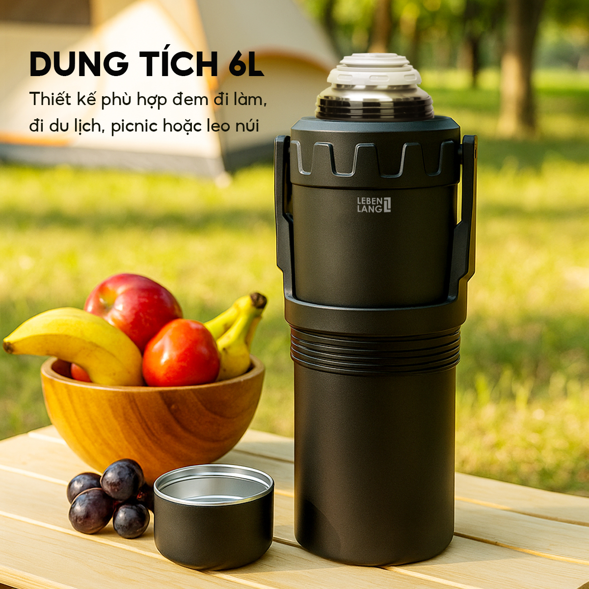 Bình giữ nhiệt Lebenlang LBL3025, phích giữ nhiệt dung tích 6L, inox 316, có lõi lọc, quai cầm tiện lợi, cốc uống tích hợp - hàng chính hãng