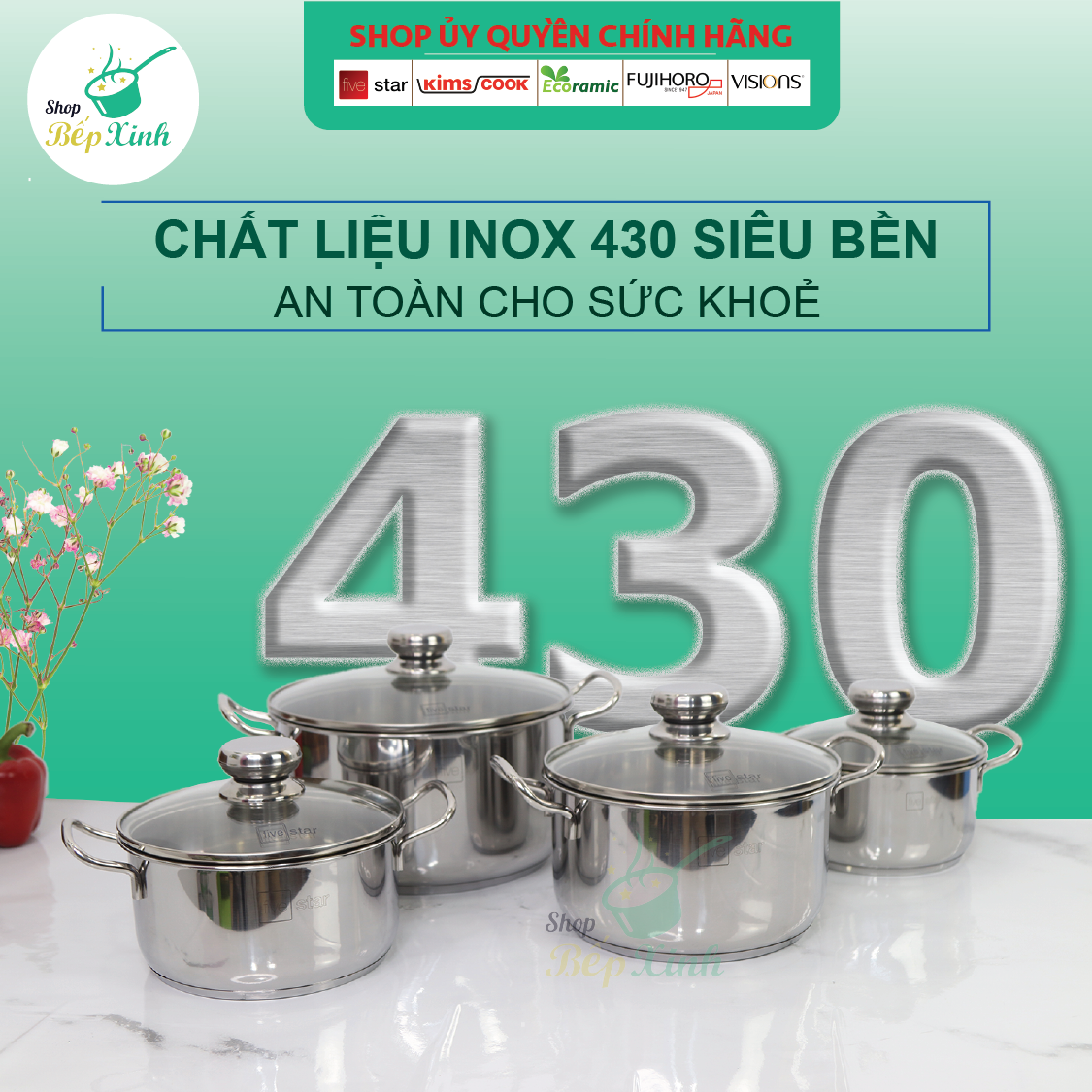 Bộ 4 Nồi Nắp Kiếng 3 Đáy FIVESTAR FS08CG - Hàng Chính Hãng