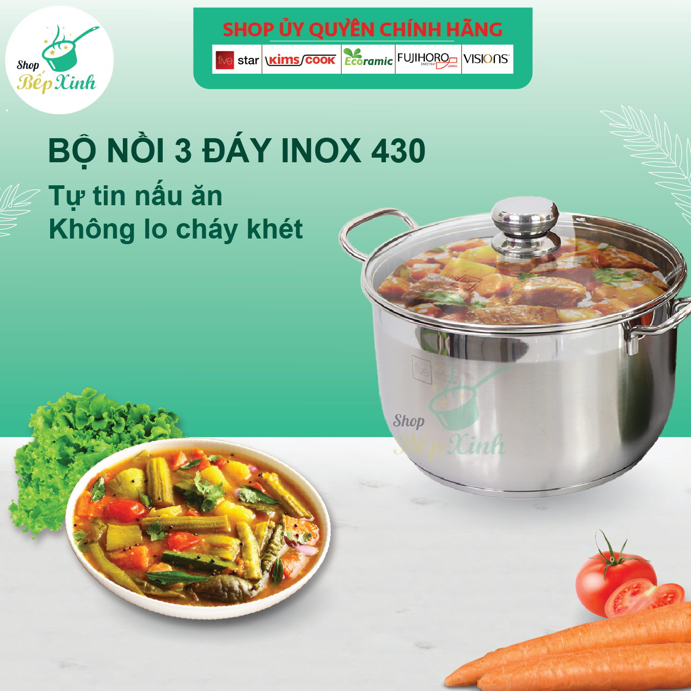 Nồi luộc gà FiveStar inox 430 nắp kính, tặng 2 muỗng canh (26cm / 28cm / 30cm / 32cm), 3 đáy dùng bếp từ, hồng ngoại, gas