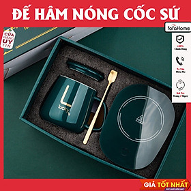 Cốc Hâm Nóng Đồ Uống Kèm Đế Điện, Bộ Ly Sứ Kèm Đế Điện Hâm Nóng Trà, Cafe, Hâm Sữa Kèm Thìa Vàng, Hộp Sang Trọng Giao Màu Ngẫu Nhiên