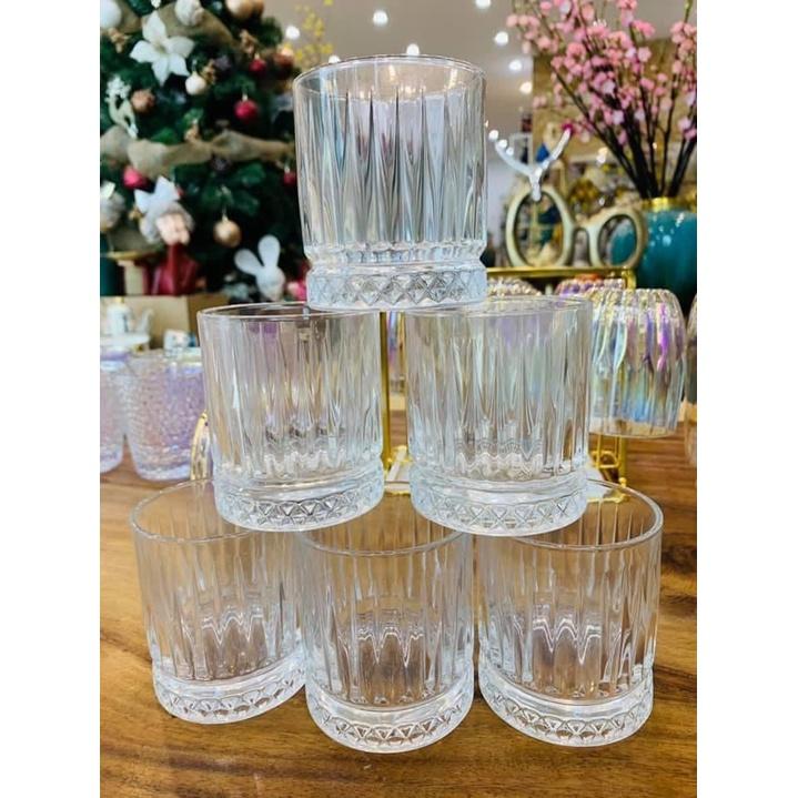 Bộ 6 ly thủy tinh chịu nhiệt cao cấp dùng uống nước hoặc rượu tây vân sọc viền vàng 300ml