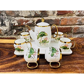 BỘ ẤM CHÉN KÈM KHAY SỨ PHA TRÀ CÀ PHÊ CAO CẤP TRẮNG HỌA TIẾT HOA SEN