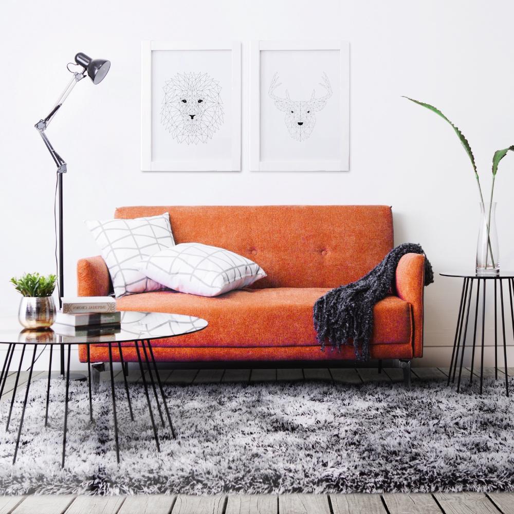 Ghế sofa đôi KURT khung gỗ và chân thép, đệm bọc vải cao cấp màu cam nổi bật