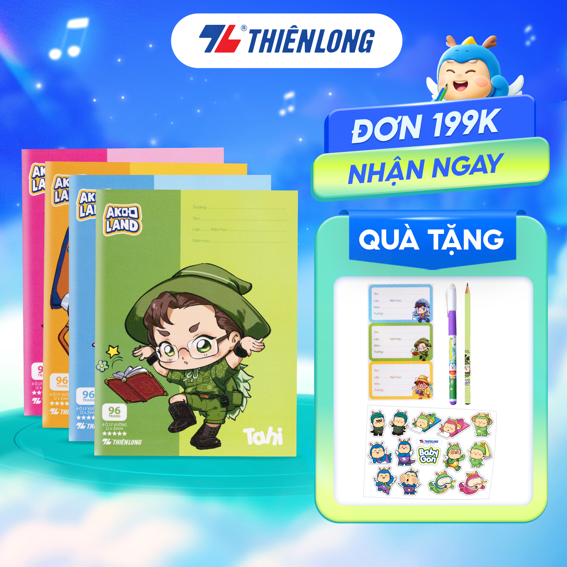 Combo 5/10 Tập học sinh chống lem 96 trang 4 ô ly vuông 2mm 120gsm Thiên Long NB-121/AK - PB Akooland - Mẫu ngẫu nhiên