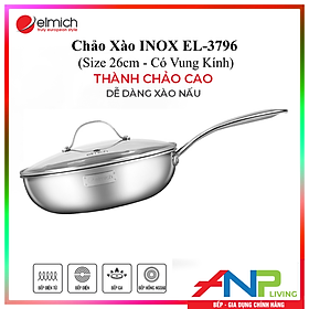 Chảo Xào Sâu Lòng 3 Lớp inox 304 Liền Đáy ELMICH TRI-MAX (EL-3796/26cm, EL-3845/24cm - Dùng Được Trên Mọi Loại Bếp) - Hàng Chính Hãng