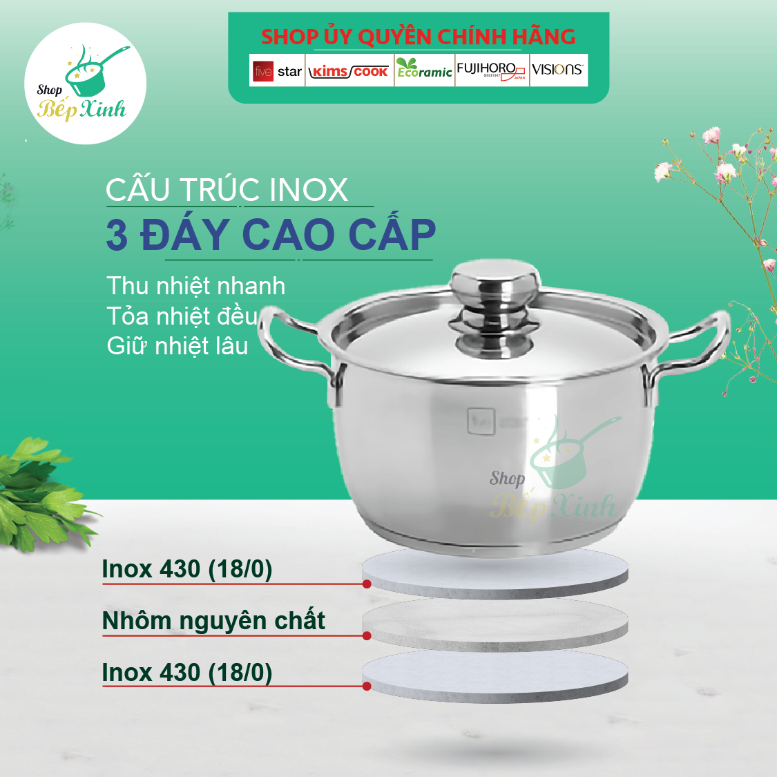 Bộ Nồi Inox 430 Bếp Từ 3 Chiếc Nắp Inox Fivestar Tặng 5 Muỗng Ăn