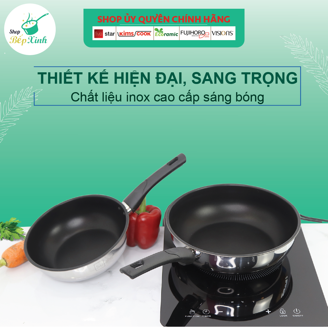 Chảo inox chống dính sâu lòng có nắp kính cao cấp Fivestar 24cm , 26cm , tặng 1 sạn dừa , tay cầm cách nhiệt