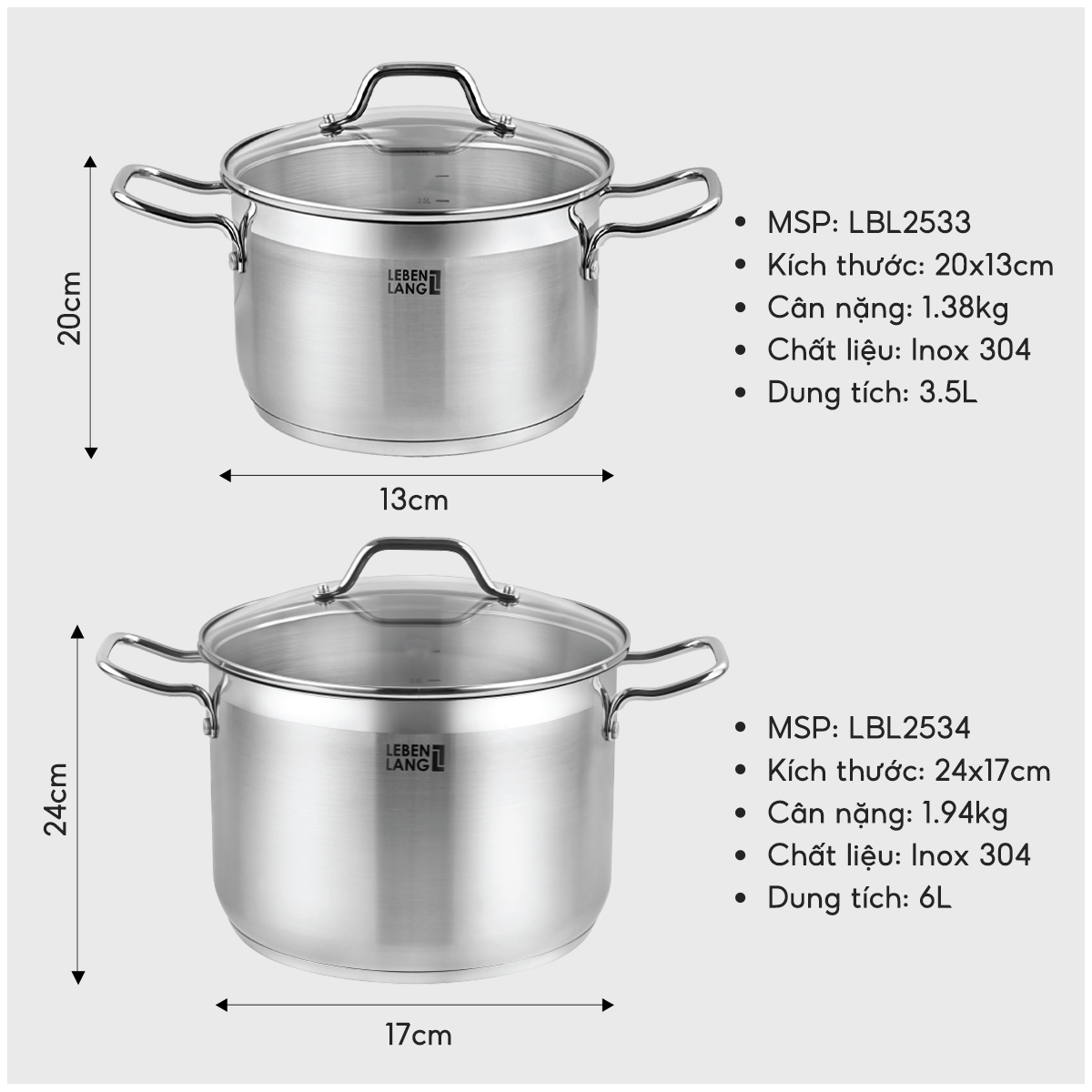 Nồi inox 304 vung kính đáy 3 lớp Lebenlang LBL2533 và LBL2534, size 20, 24cm, dùng cho mọi loại bếp - hàng chính hãng