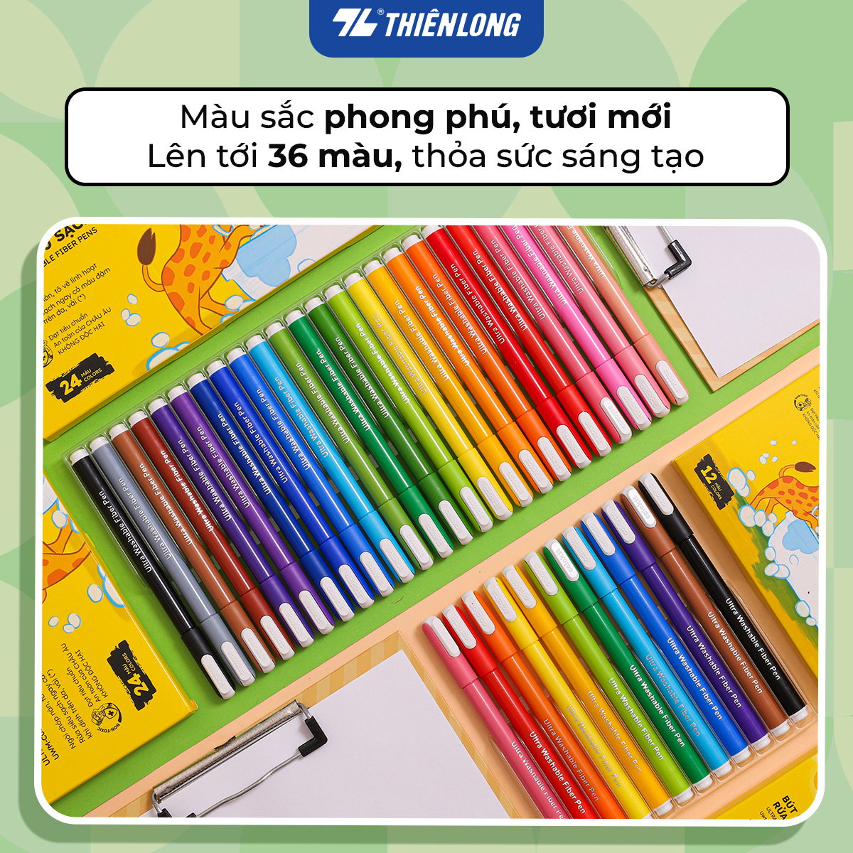 Bút lông 12/24 màu rửa siêu sạch - Ultra Washable Fiber Pen Thiên Long Colokit