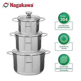 Bộ 3 Nồi Inox 304 Đáy Từ 5 Đáy Nagakawa NAG1351 (16cm, 20cm, 24cm) - Hàng Chính Hãng