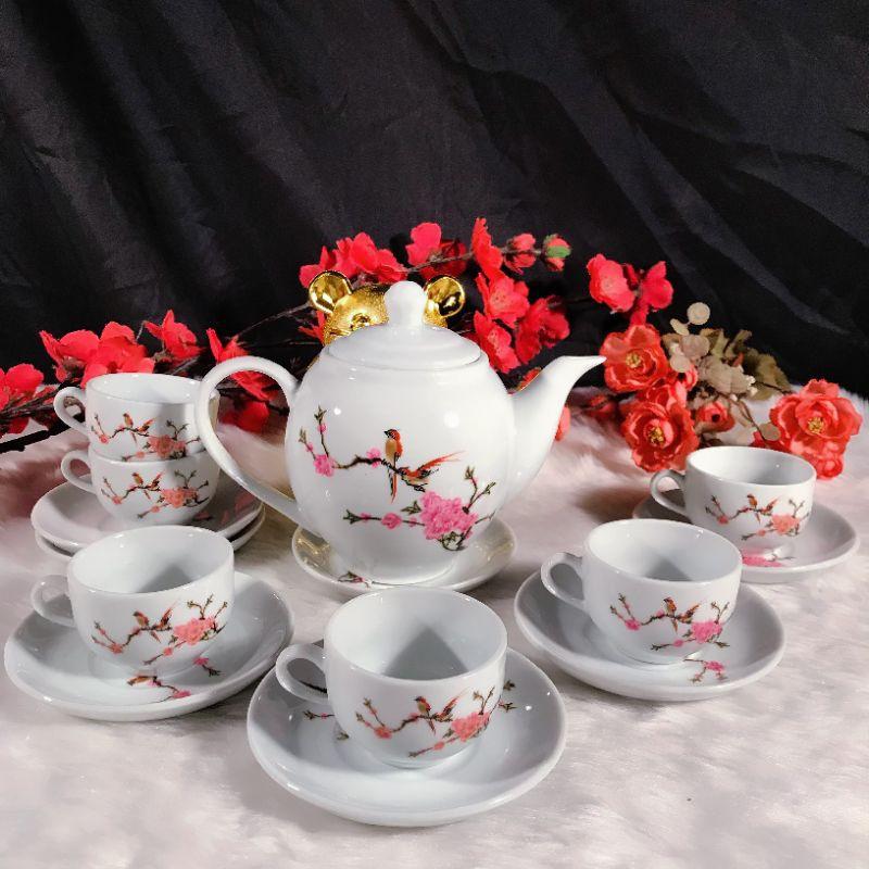 Bộ ấm chén uống trà Bát Tràng họa tiết cổ ( Trắng)