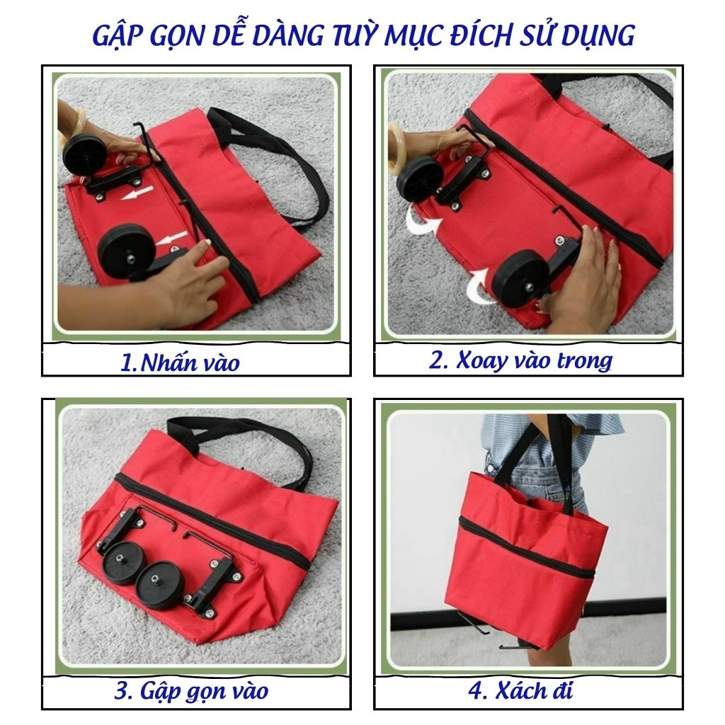 Xe kéo đi siêu thị, xe đi chợ gấp gọn dạng túi có bánh xe kéo tiện lợi - màu sắc giao ngẫu nhiên