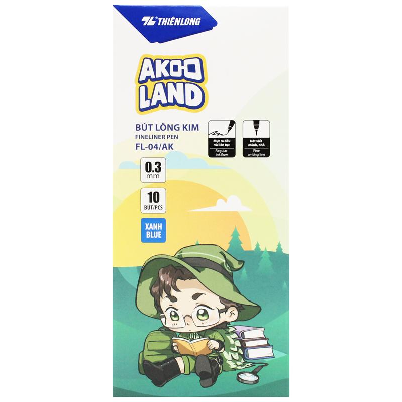 Hộp 10 Bút Lông Kim 0.3 mm - Nhân Vật Akooland Tahi - Thiên Long FL-04/AK - Mực Xanh